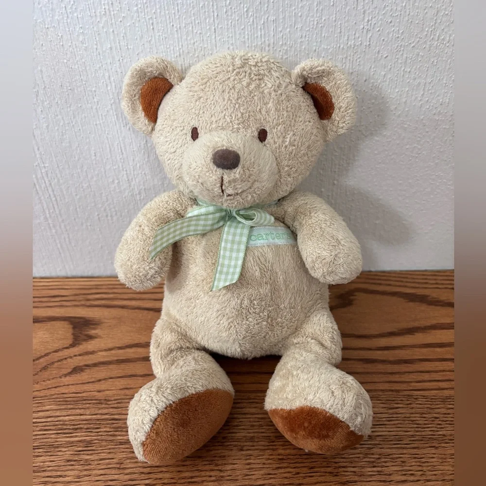Vintage CARTERS Just One Year Plush Bear Green Bow Logo Prestige Toys Rattle